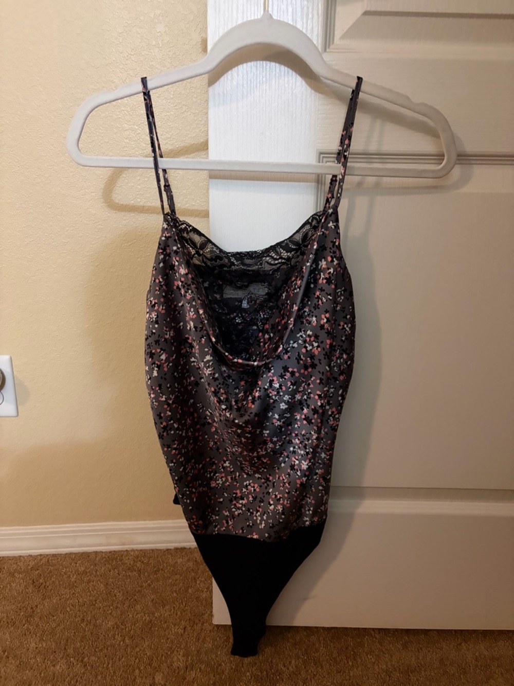Wayf Black Satin Floral Cowl Neck Bodysuit with Pink Accents